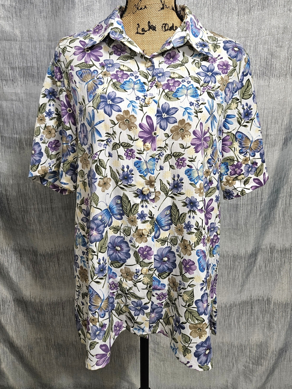 BonWorth White Button-Down Shirt with Blue, Purple & Tan Floral Print